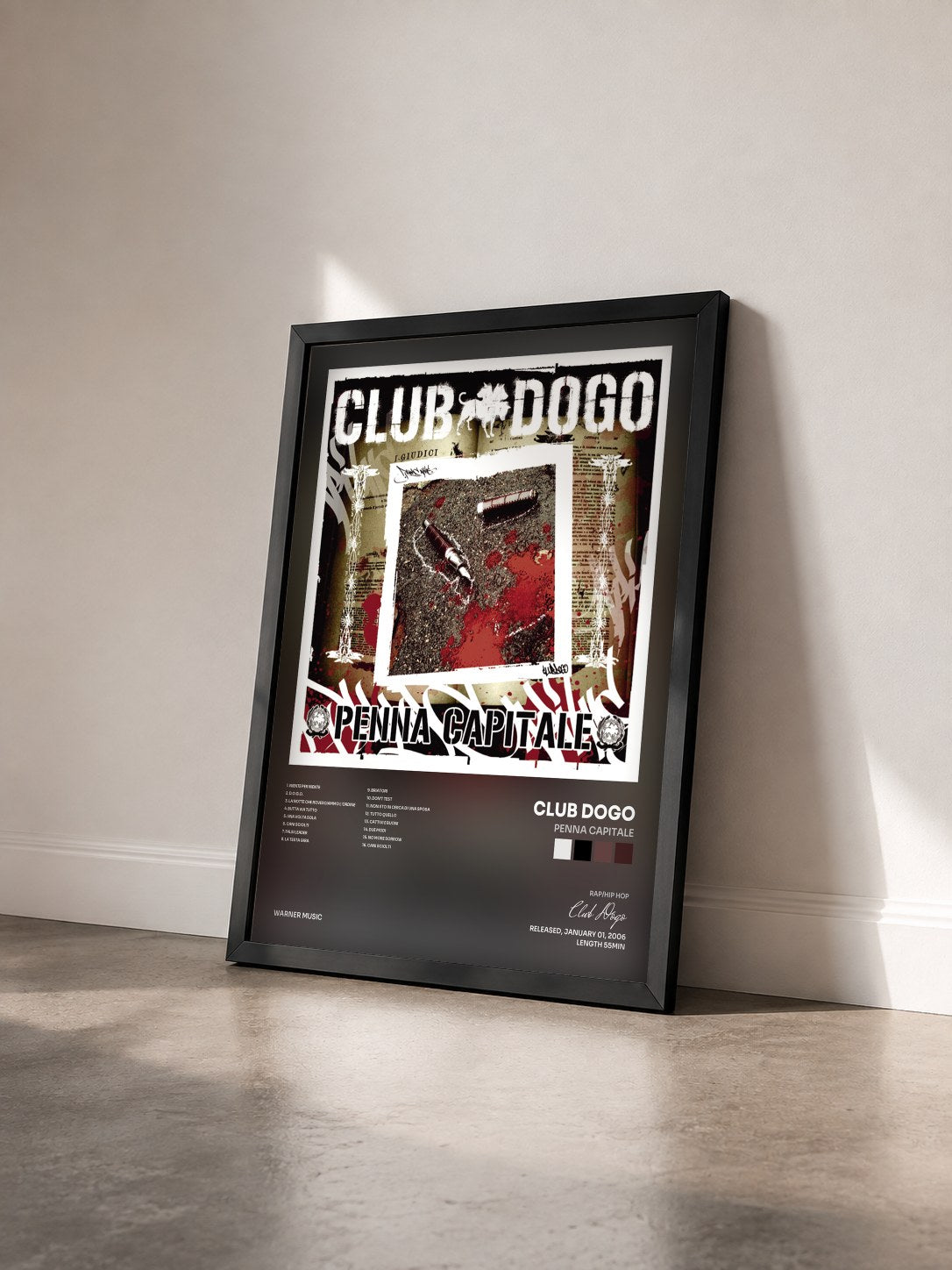 #noir Tableau de l'album Penna Capitale de Club Dogo vu de trois quarts, cadre noir
