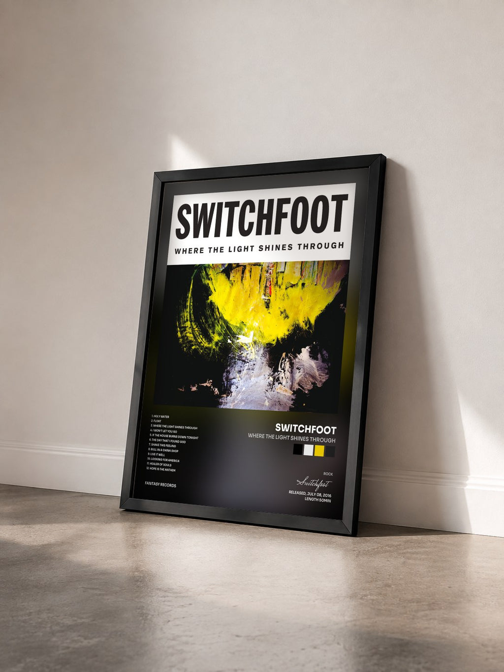 #noir Tableau de l'album Where The Light Shines Through de Switchfoot vu de trois quarts, cadre noir