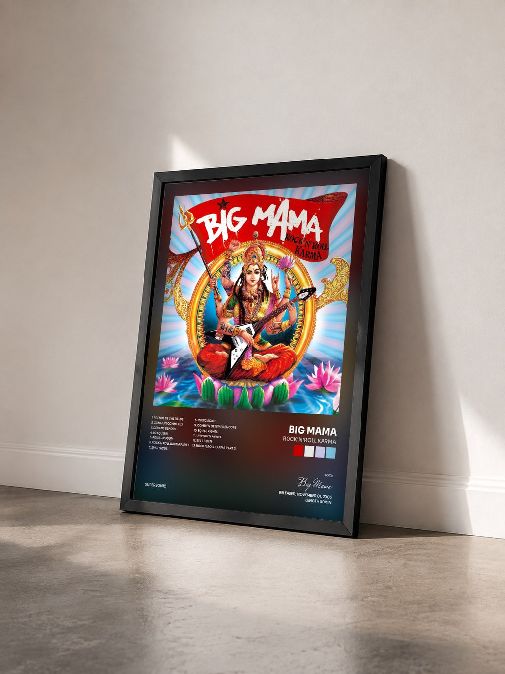 #noir Tableau de l'album Rock'n'roll karma de Big Mama vu de trois quarts, cadre noir