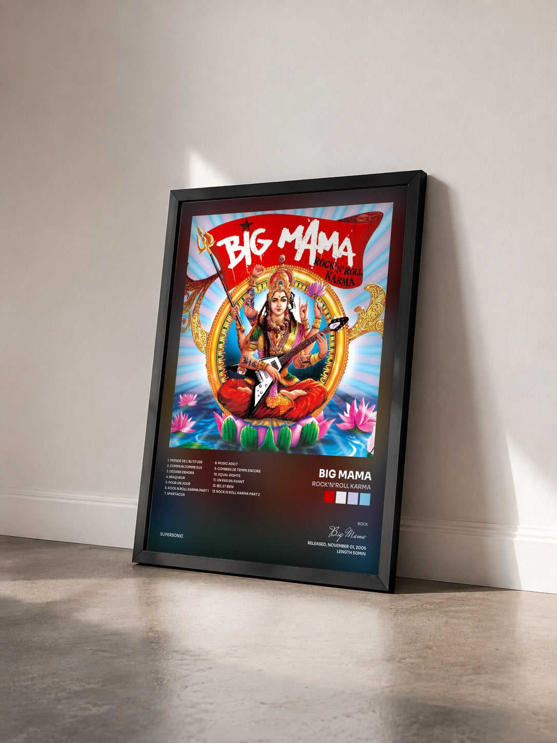 #noir Tableau de l'album Rock'n'roll karma de Big Mama vu de trois quarts, cadre noir