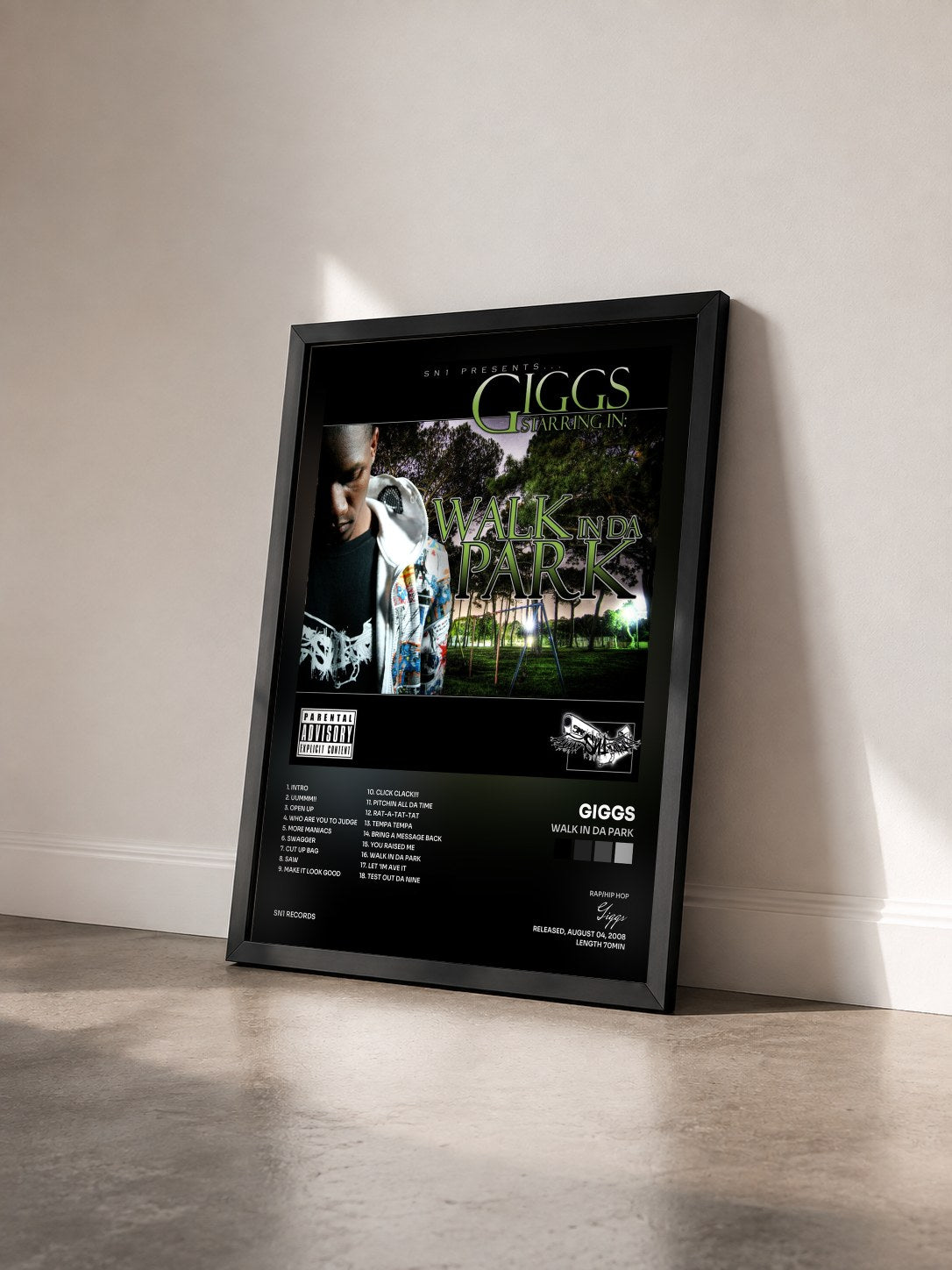 #noir Tableau de l'album Walk in Da Park de Giggs vu de trois quarts, cadre noir