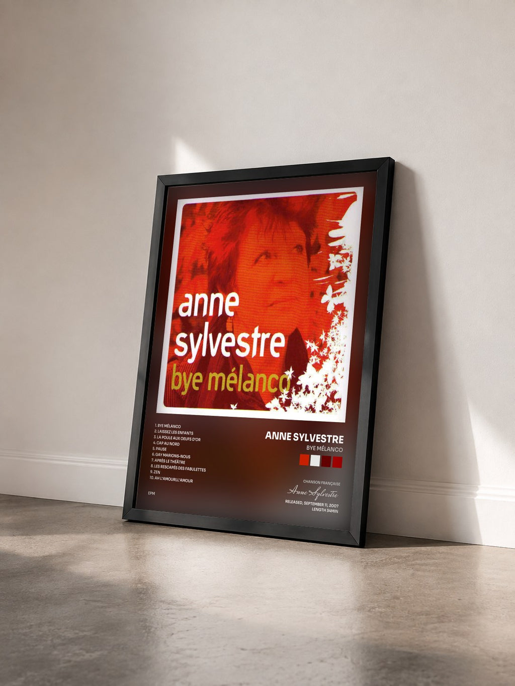 #noir Tableau de l'album Bye mélanco de Anne Sylvestre vu de trois quarts, cadre noir