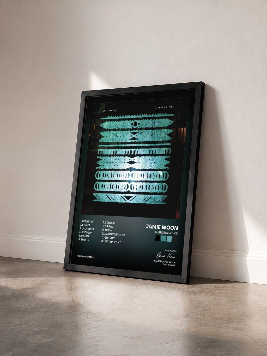 #noir Tableau de l'album Mirrorwriting de Jamie Woon vu de trois quarts, cadre noir