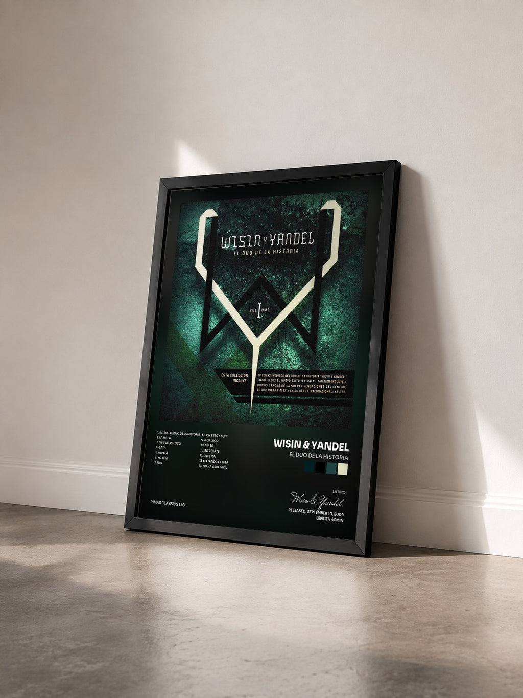#noir Tableau de l'album El Duo de la Historia de Wisin & Yandel vu de trois quarts, cadre noir
