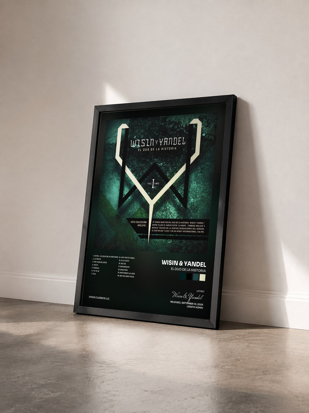 #noir Tableau de l'album El Duo de la Historia de Wisin & Yandel vu de trois quarts, cadre noir