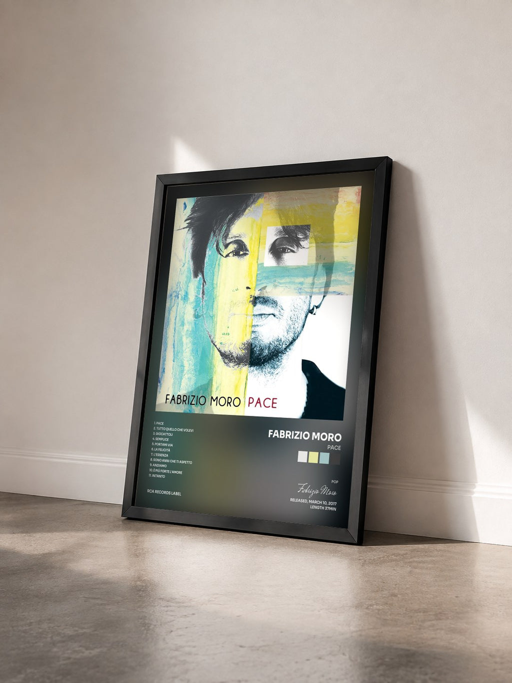 #noir Tableau de l'album Pace de Fabrizio Moro vu de trois quarts, cadre noir