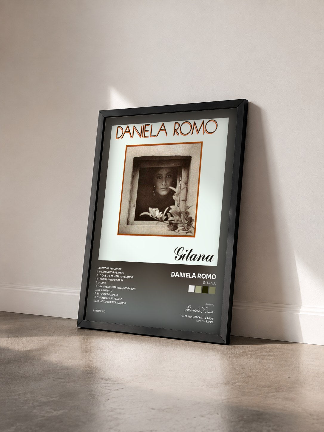 #noir Tableau de l'album Gitana de Daniela Romo vu de trois quarts, cadre noir