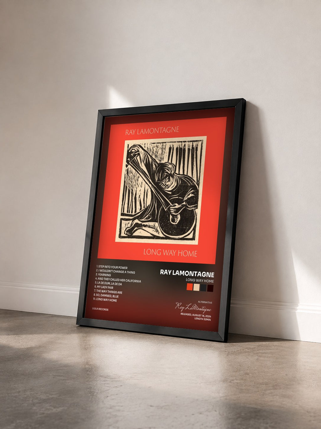 #noir Tableau de l'album Long Way Home de Ray LaMontagne vu de trois quarts, cadre noir