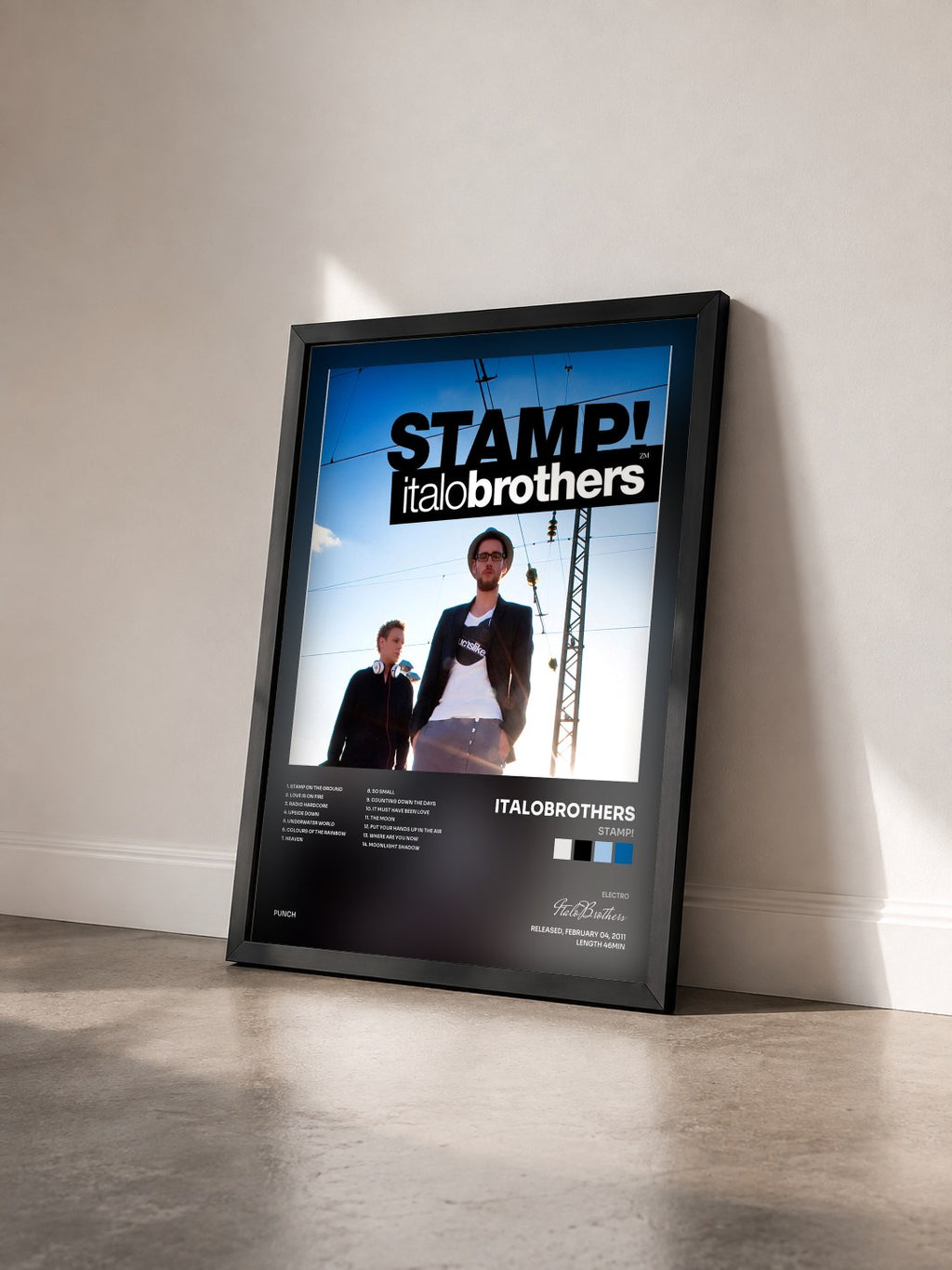 #noir Tableau de l'album Stamp! de ItaloBrothers vu de trois quarts, cadre noir