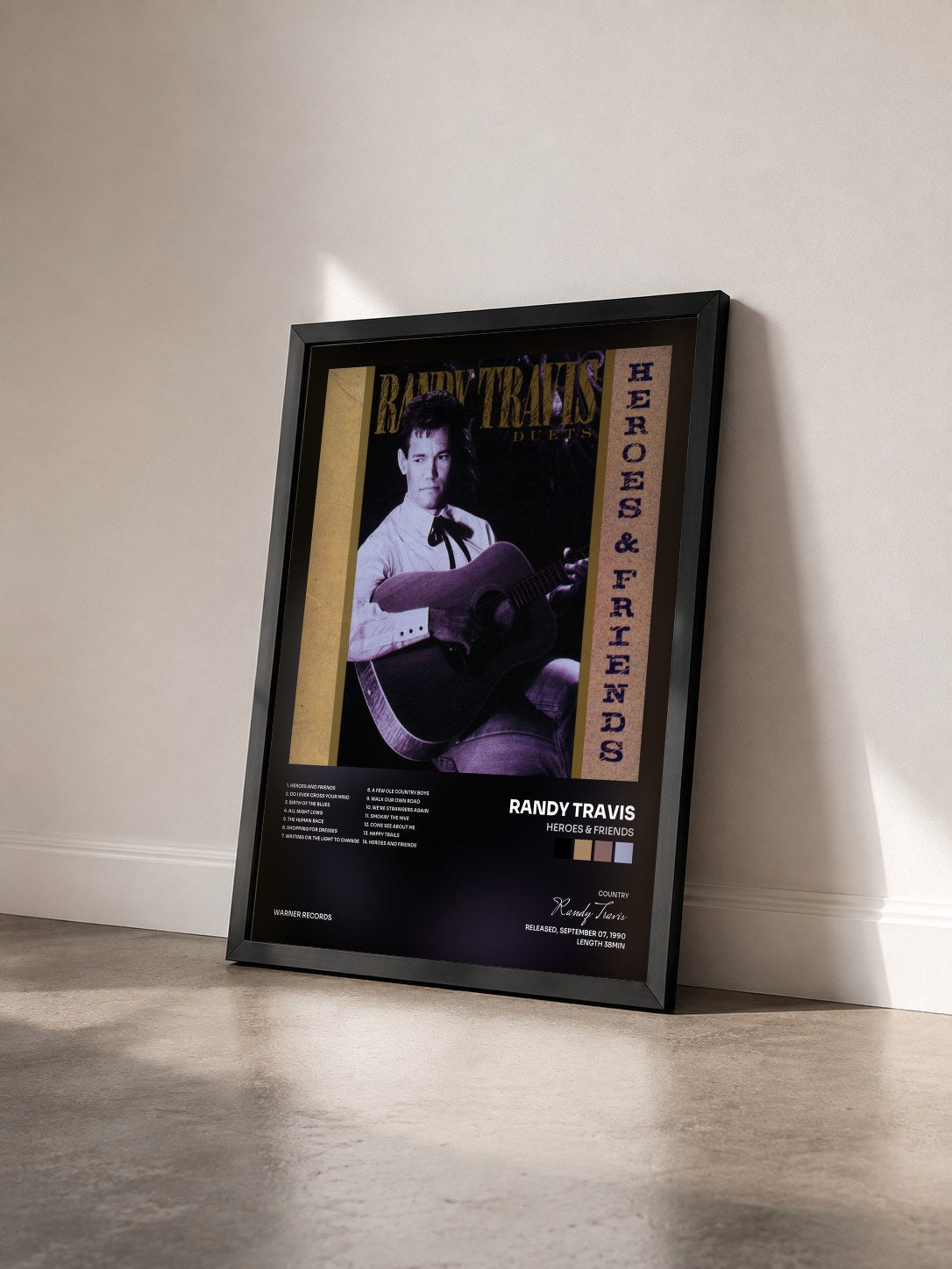 #noir Tableau de l'album Heroes & Friends de Randy Travis vu de trois quarts, cadre noir