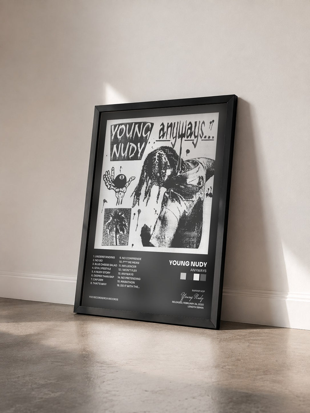 #noir Tableau de l'album Anyways de Young Nudy vu de trois quarts, cadre noir