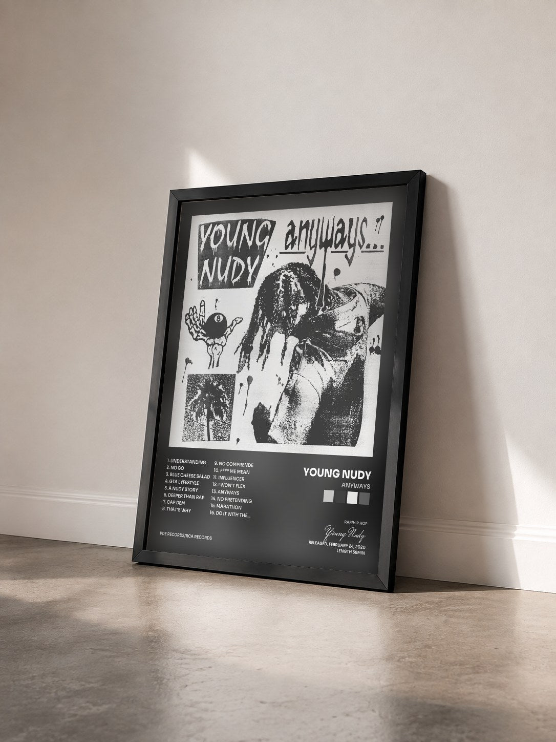 #noir Tableau de l'album Anyways de Young Nudy vu de trois quarts, cadre noir