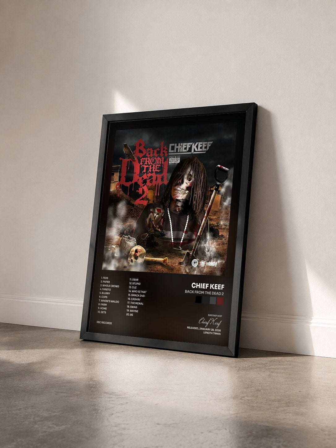 #noir Tableau de l'album Back from the Dead 2 de Chief Keef vu de trois quarts, cadre noir