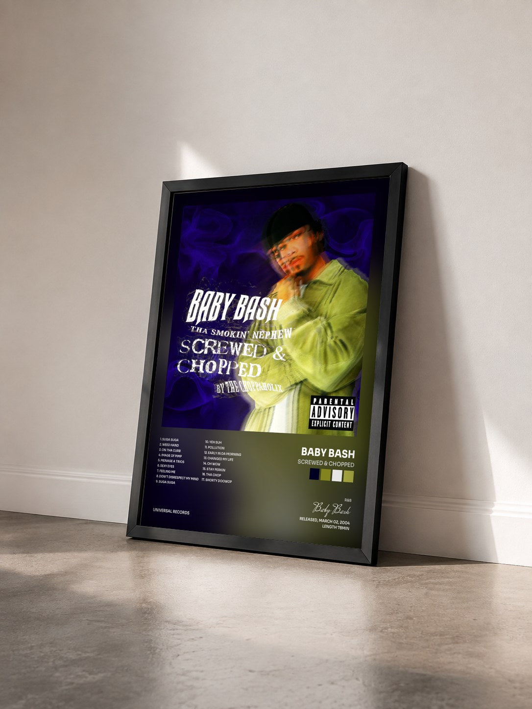 #noir Tableau de l'album Screwed & Chopped de Baby Bash vu de trois quarts, cadre noir