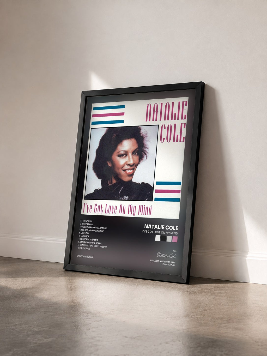 #noir Tableau de l'album I've Got Love On My Mind de Natalie Cole vu de trois quarts, cadre noir