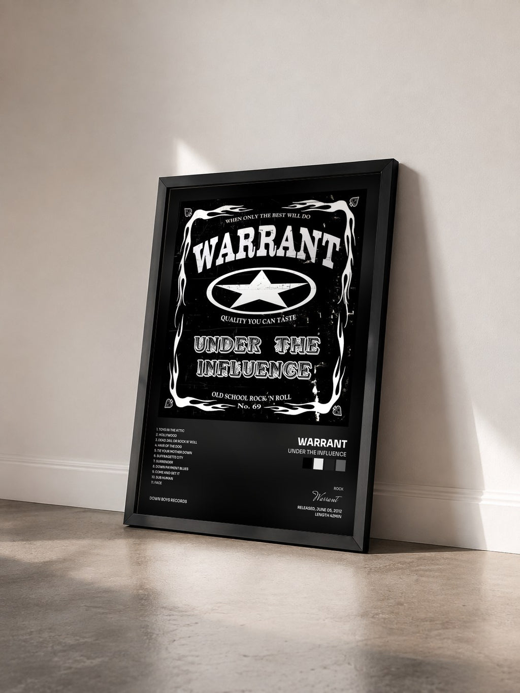#noir Tableau de l'album Under the Influence de Warrant vu de trois quarts, cadre noir