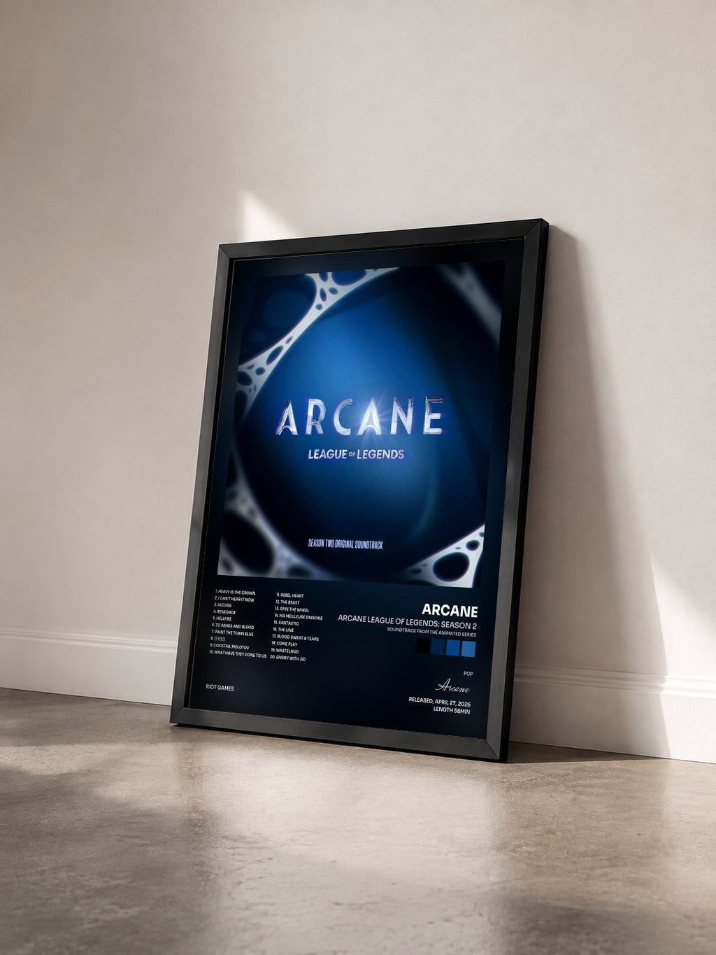 #noir Arcane League of Legends: Season 2 (Soundtrack from the Animated Series) by Arcane as a framed art print seen at an angle, black frame