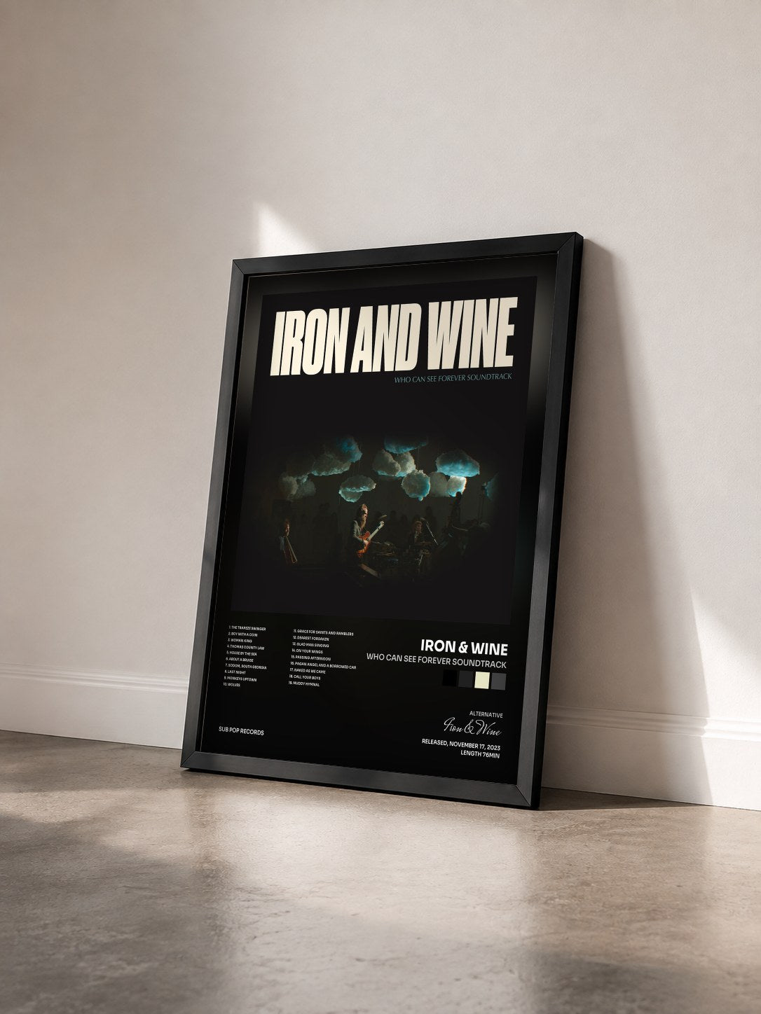 #noir Tableau de l'album Who Can See Forever Soundtrack de Iron & Wine vu de trois quarts, cadre noir