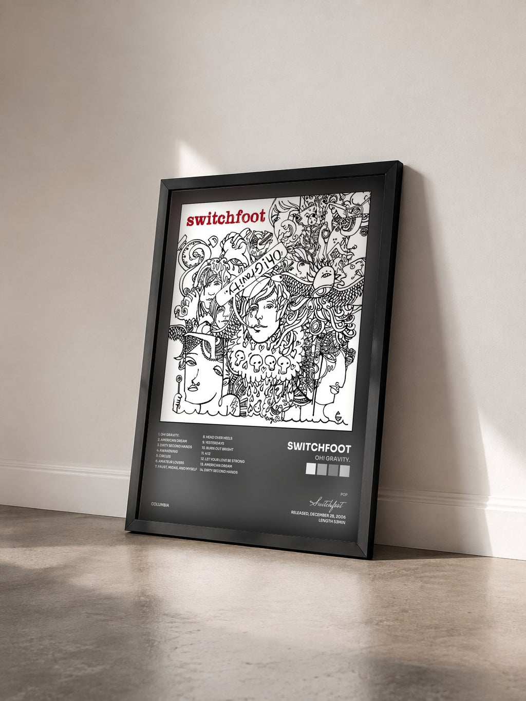 #noir Tableau de l'album Oh! Gravity. de Switchfoot vu de trois quarts, cadre noir