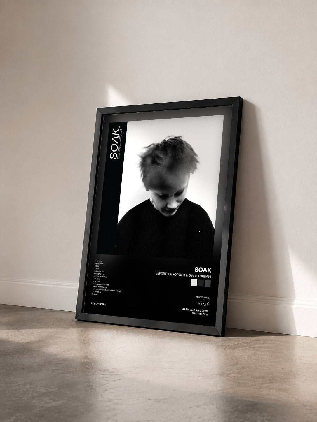 #noir Tableau de l'album Before We Forgot How To Dream de Soak vu de trois quarts, cadre noir