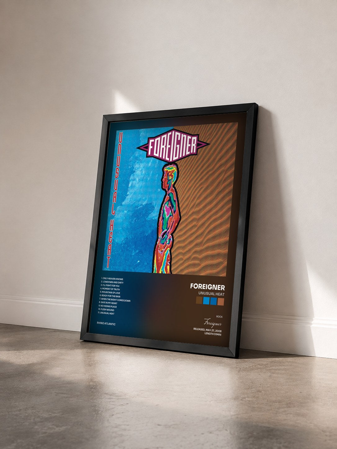 #noir Tableau de l'album Unusual Heat de Foreigner vu de trois quarts, cadre noir