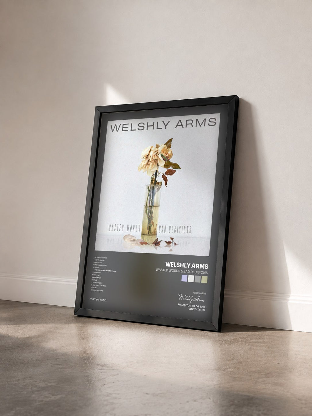 #noir Tableau de l'album Wasted Words & Bad Decisions de Welshly Arms vu de trois quarts, cadre noir