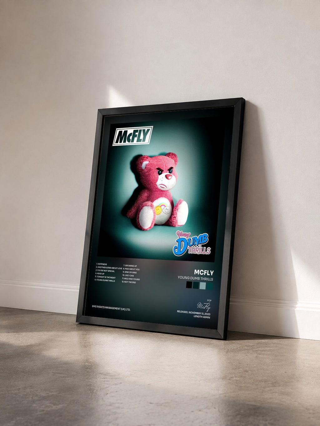 #noir Tableau de l'album Young Dumb Thrills de McFly vu de trois quarts, cadre noir