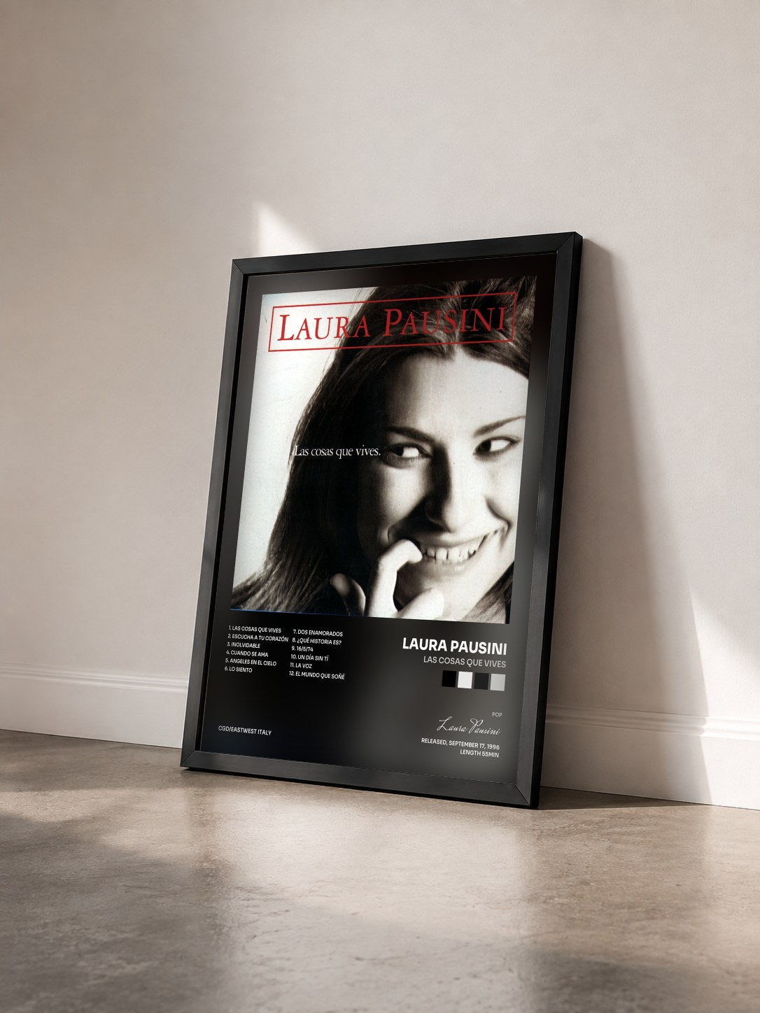 #noir Tableau de l'album Las cosas que vives de Laura Pausini vu de trois quarts, cadre noir