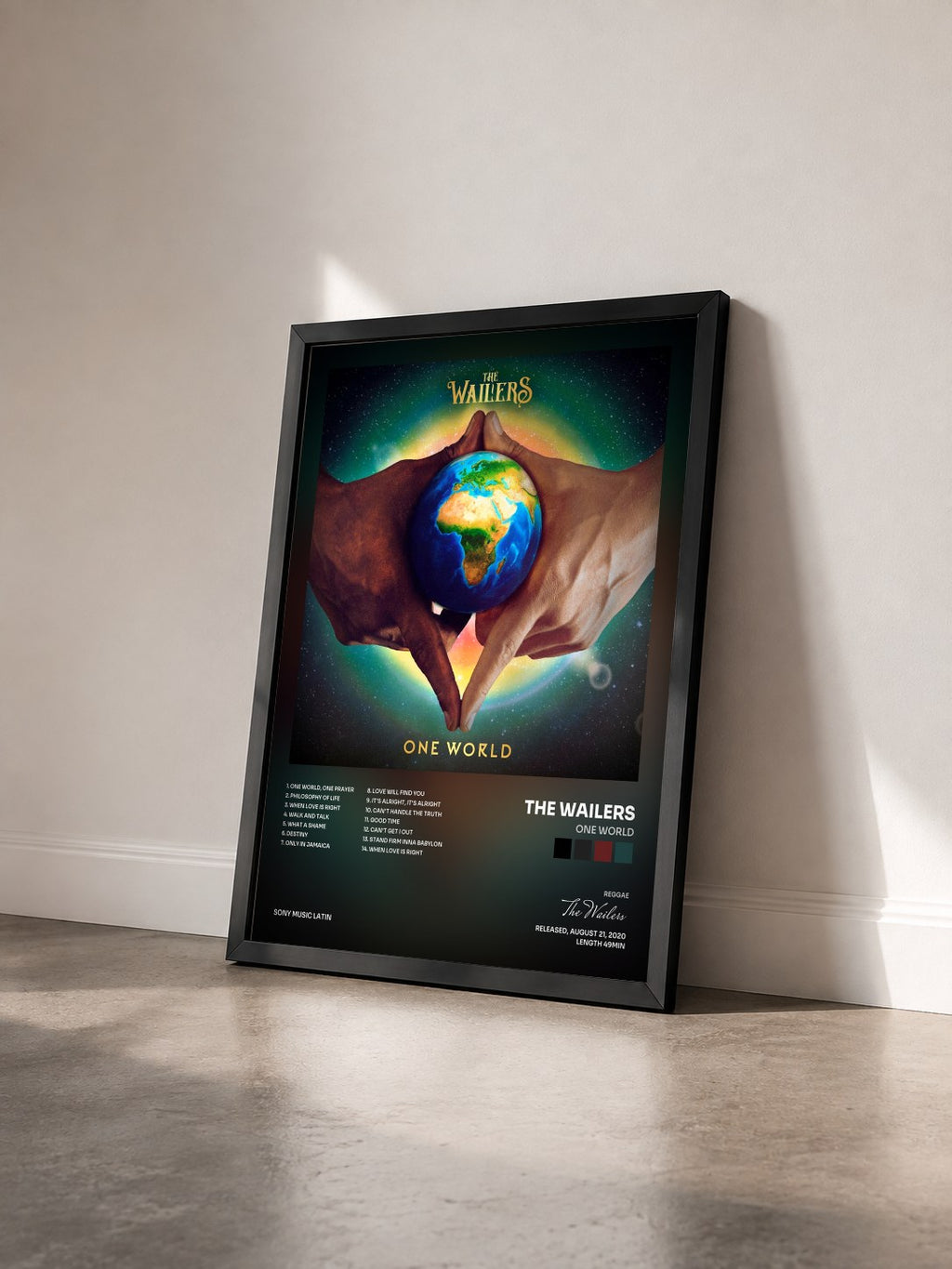 #noir Tableau de l'album One World de The Wailers vu de trois quarts, cadre noir