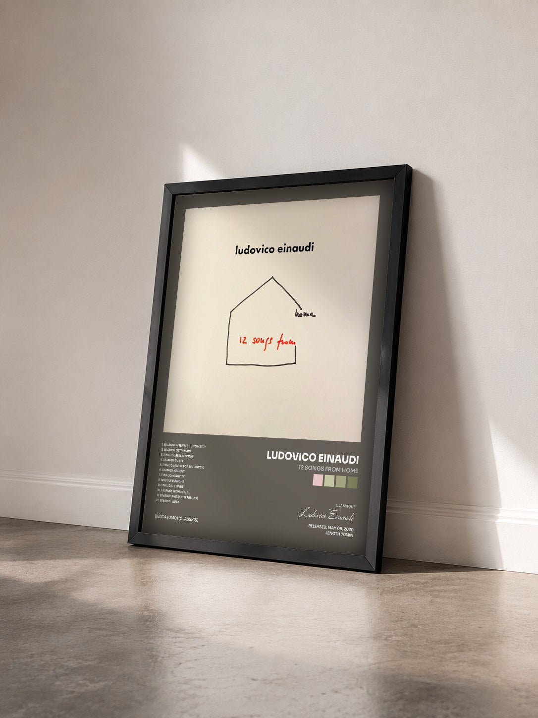 #noir Tableau de l'album 12 Songs From Home de Ludovico Einaudi vu de trois quarts, cadre noir