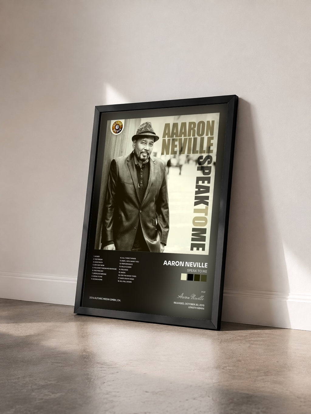 #noir Tableau de l'album Speak to Me de Aaron Neville vu de trois quarts, cadre noir