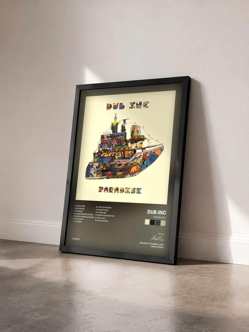 #noir Tableau de l'album Paradise de Dub Inc vu de trois quarts, cadre noir