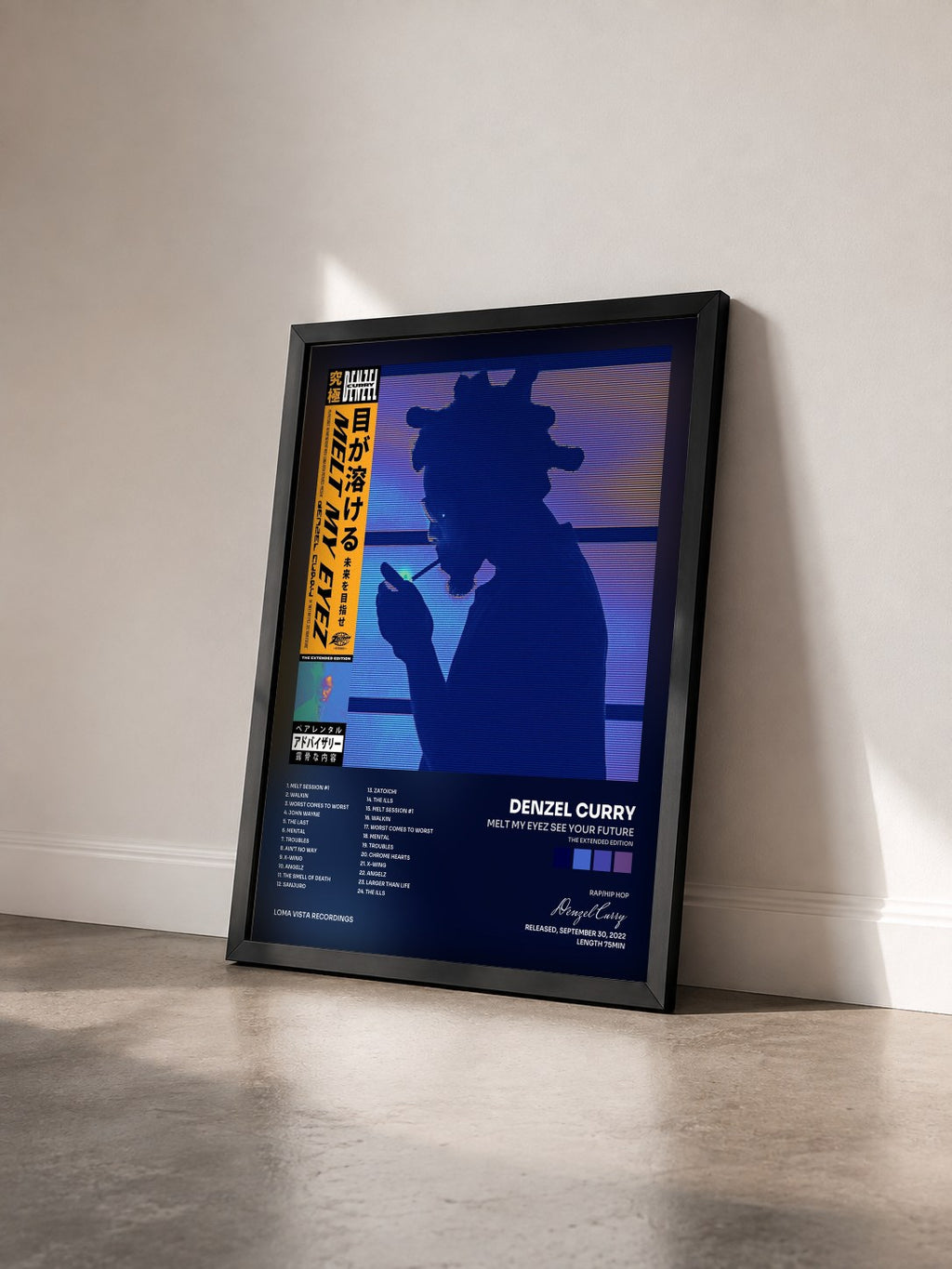 #noir Tableau de l'album Melt My Eyez See Your Future (The Extended Edition) de Denzel Curry vu de trois quarts, cadre noir
