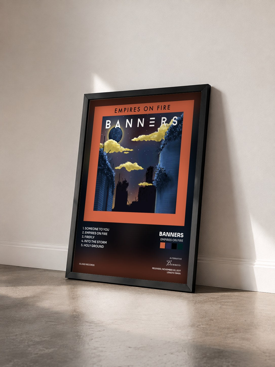 #noir Tableau de l'album Empires On Fire de Banners vu de trois quarts, cadre noir