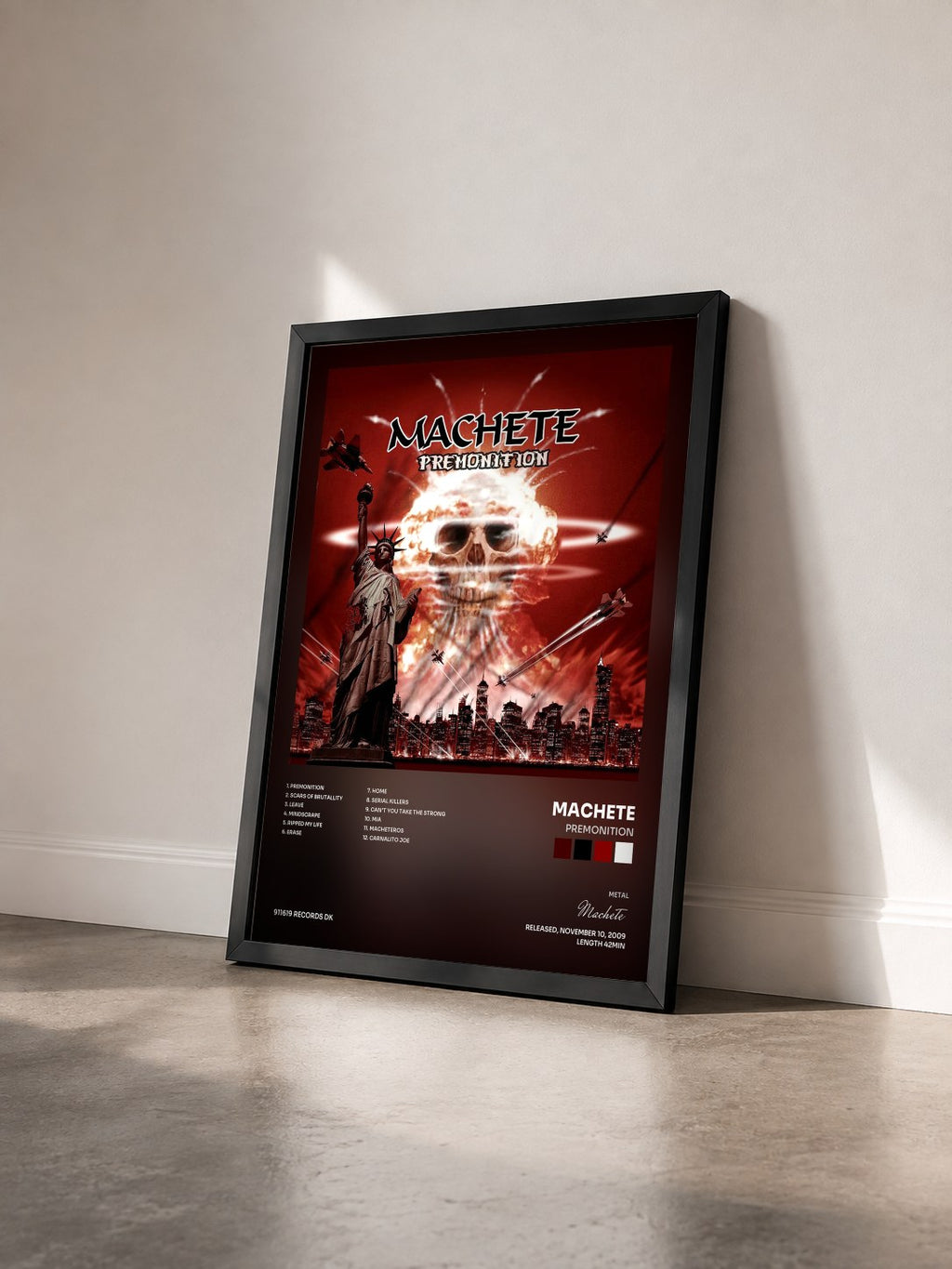 #noir Tableau de l'album Premonition de Machete vu de trois quarts, cadre noir