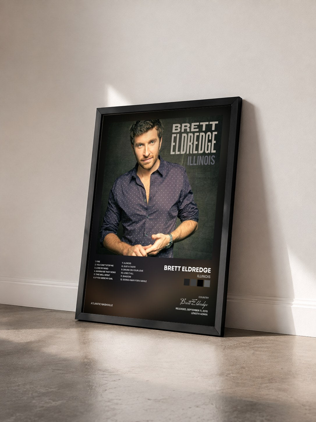 #noir Tableau de l'album Illinois de Brett Eldredge vu de trois quarts, cadre noir
