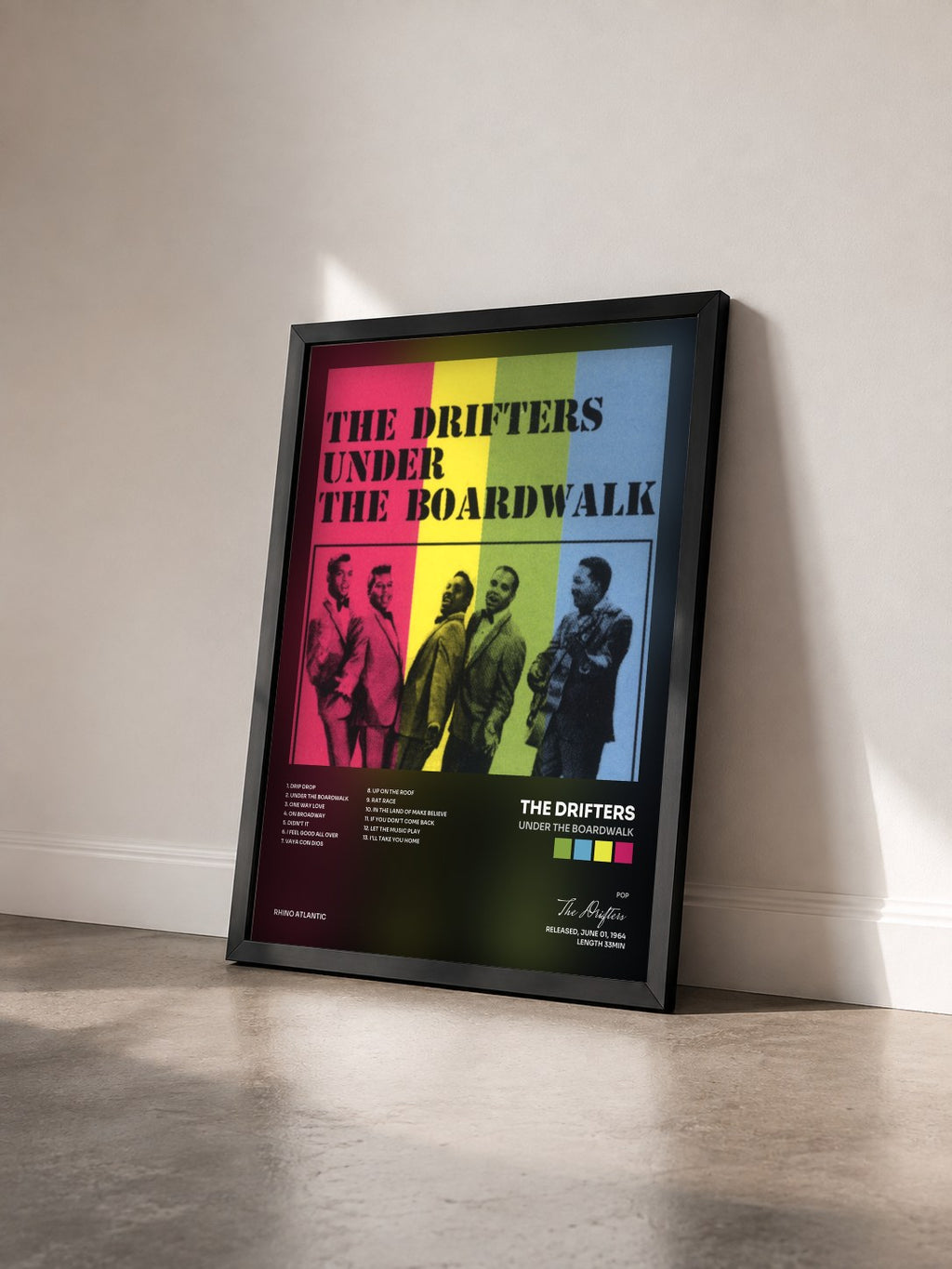 #noir Tableau de l'album Under the Boardwalk de The Drifters vu de trois quarts, cadre noir