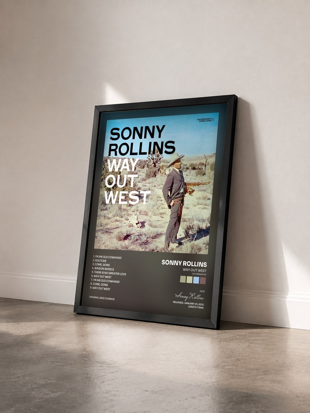 #noir Tableau de l'album Way Out West (OJC Remaster) de Sonny Rollins vu de trois quarts, cadre noir