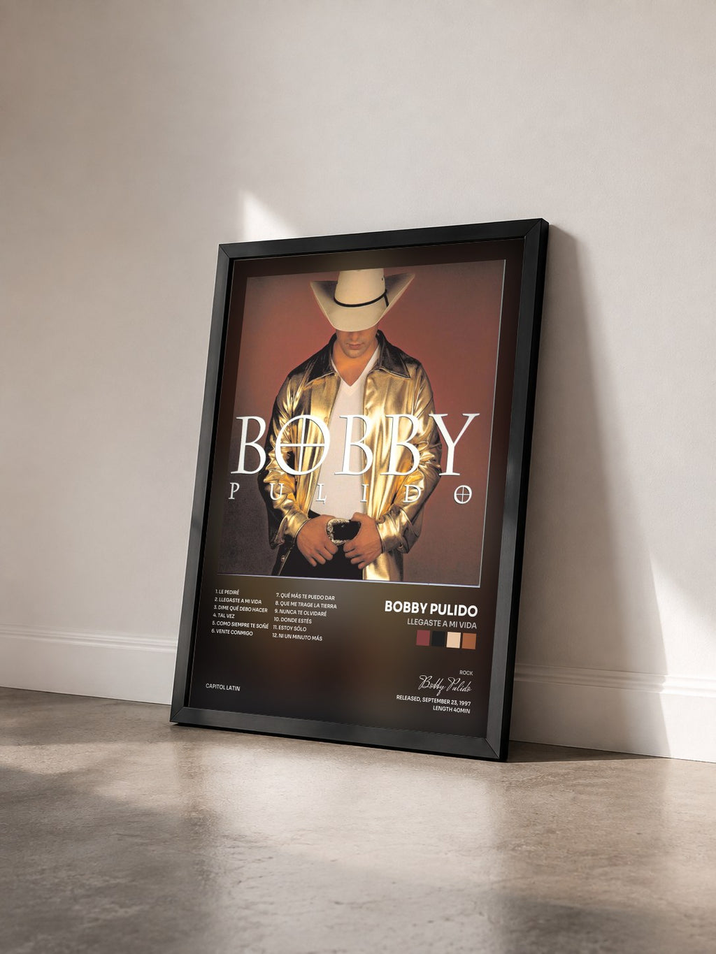 #noir Tableau de l'album Llegaste A Mi Vida de Bobby Pulido vu de trois quarts, cadre noir