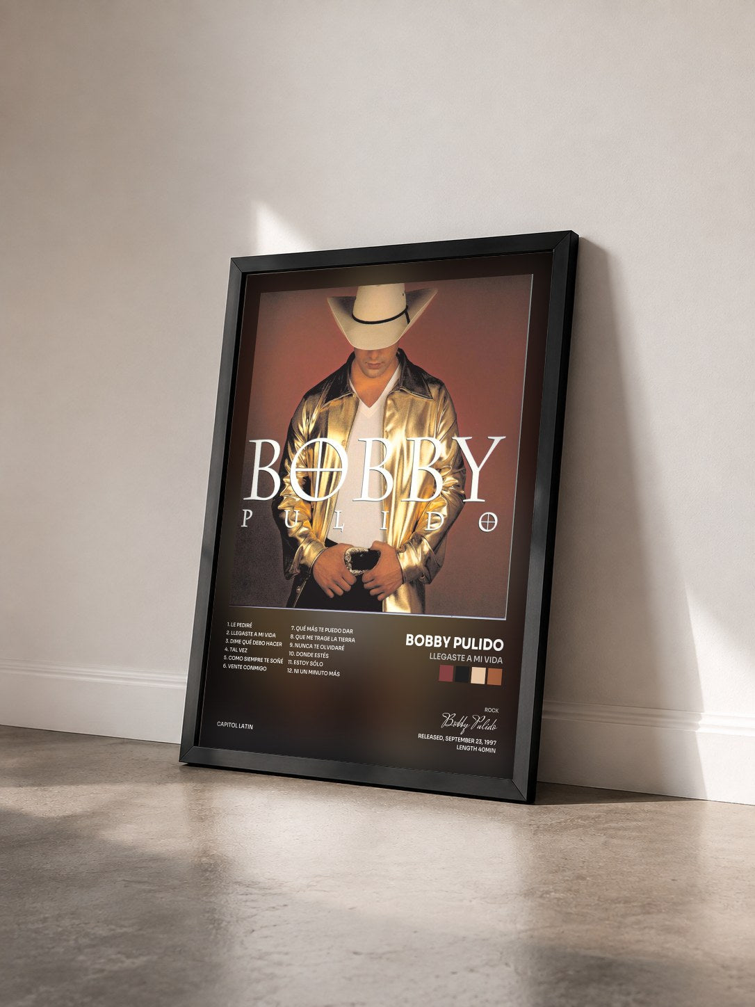 #noir Tableau de l'album Llegaste A Mi Vida de Bobby Pulido vu de trois quarts, cadre noir