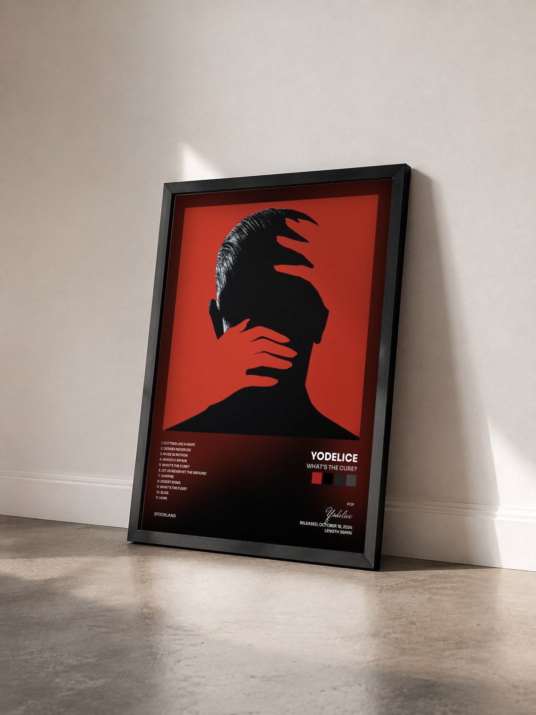#noir Tableau de l'album What's The Cure? de Yodelice vu de trois quarts, cadre noir