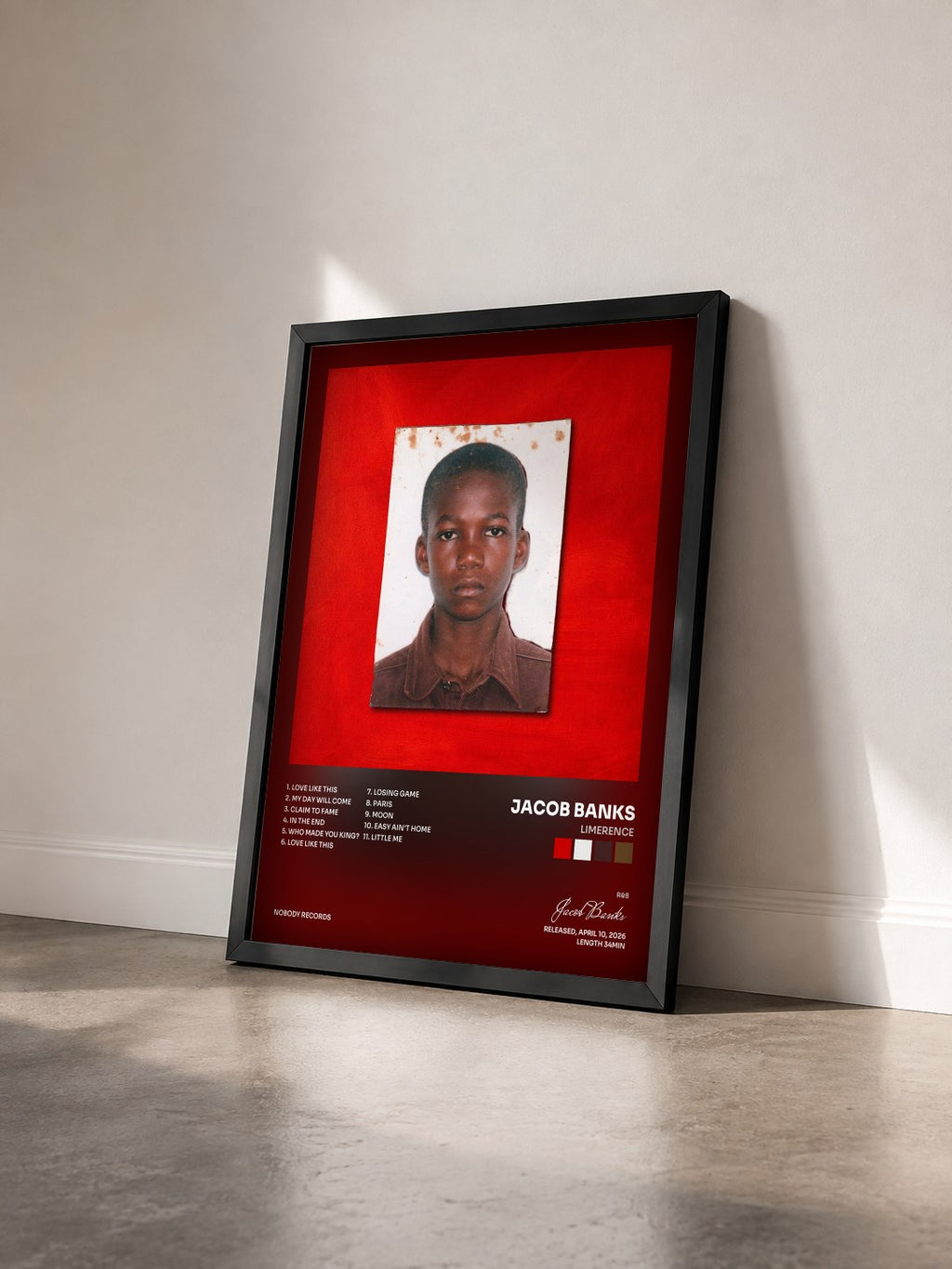 #noir Tableau de l'album Limerence de Jacob Banks vu de trois quarts, cadre noir