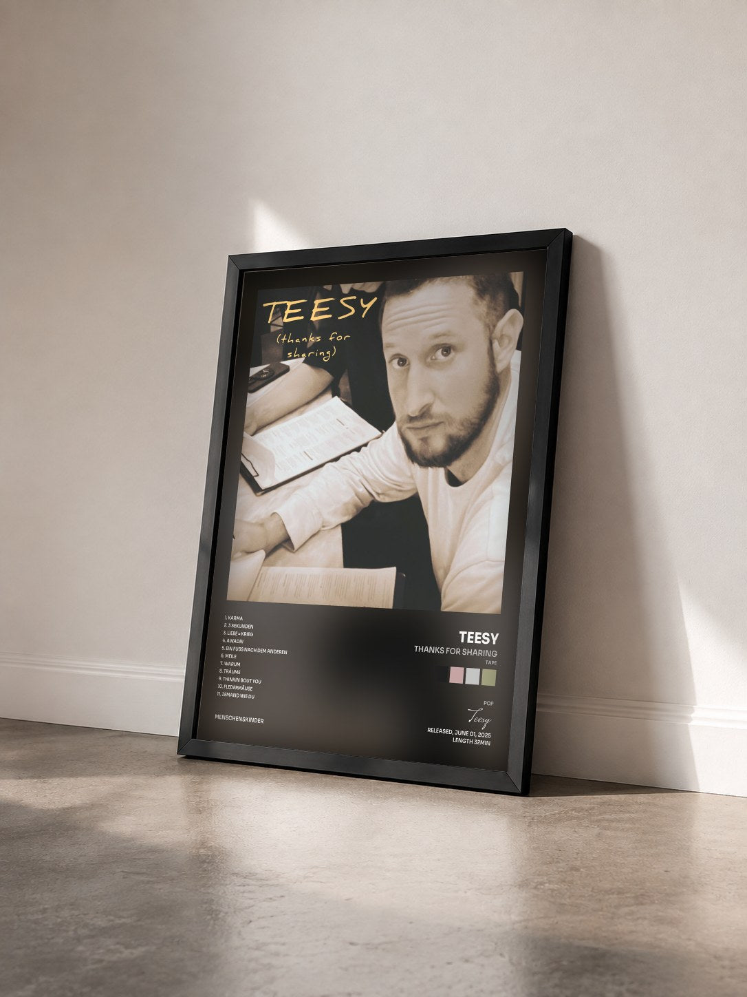 #noir Tableau de l'album Thanks for Sharing (Tape) de Teesy vu de trois quarts, cadre noir