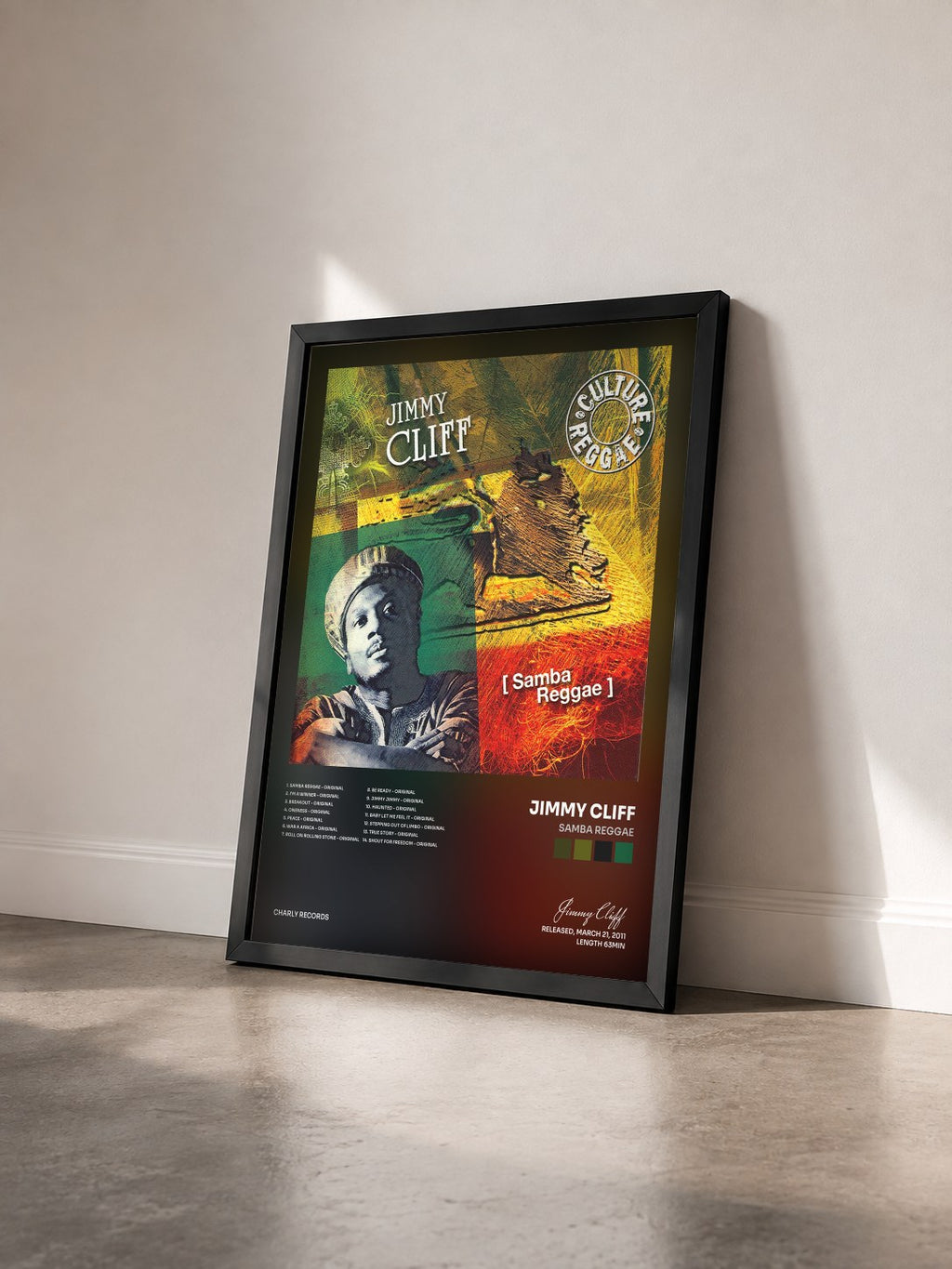#noir Tableau de l'album Samba Reggae de Jimmy Cliff vu de trois quarts, cadre noir
