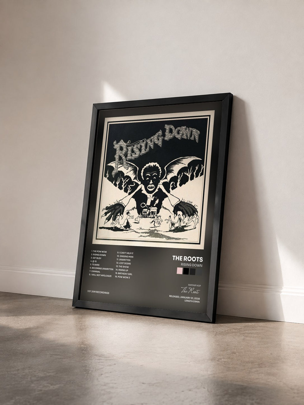 #noir Tableau de l'album Rising Down de The Roots vu de trois quarts, cadre noir