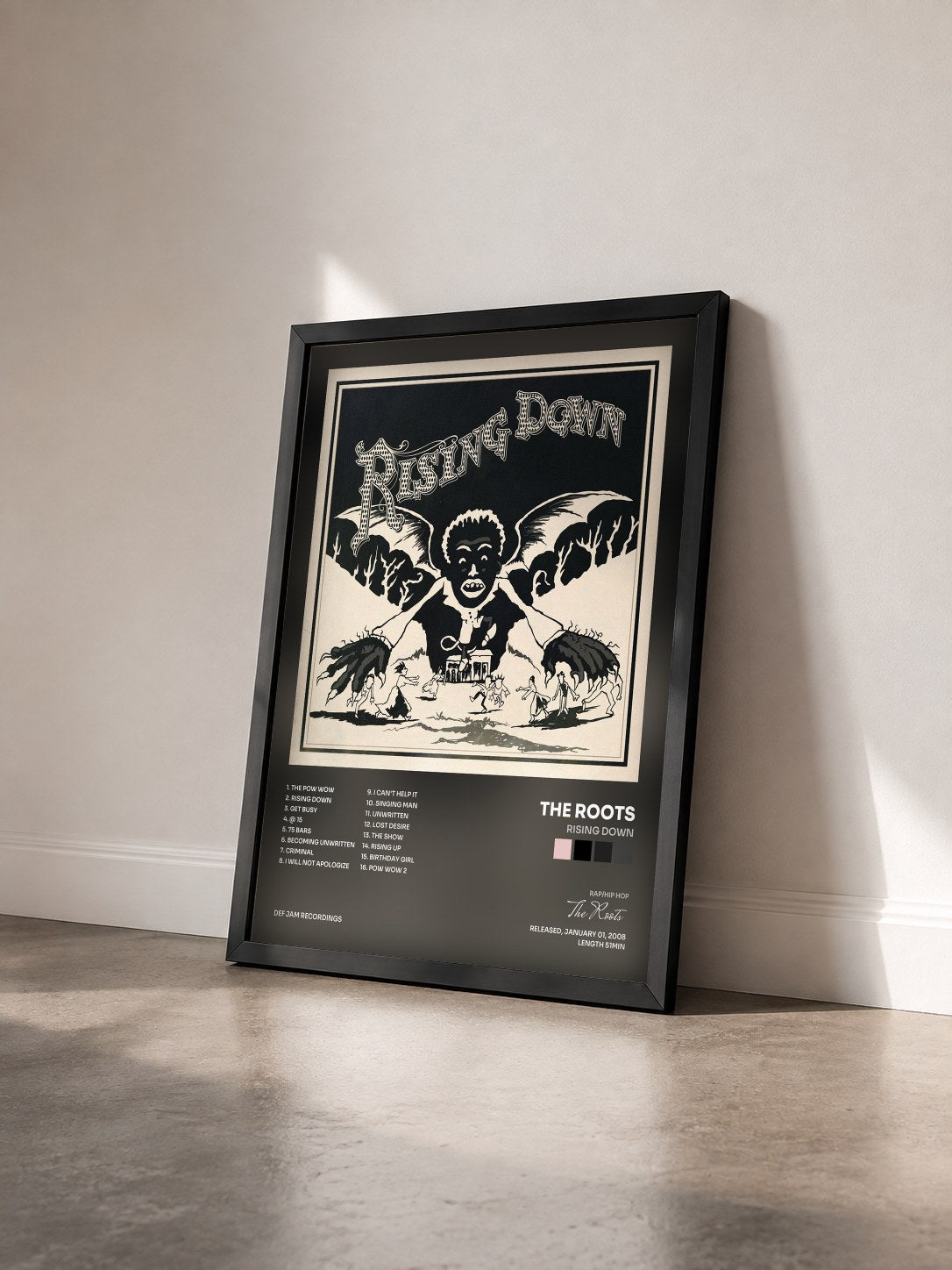 #noir Tableau de l'album Rising Down de The Roots vu de trois quarts, cadre noir