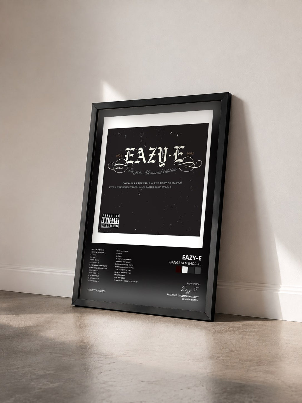 #noir Tableau de l'album Gangsta Memorial de Eazy-E vu de trois quarts, cadre noir