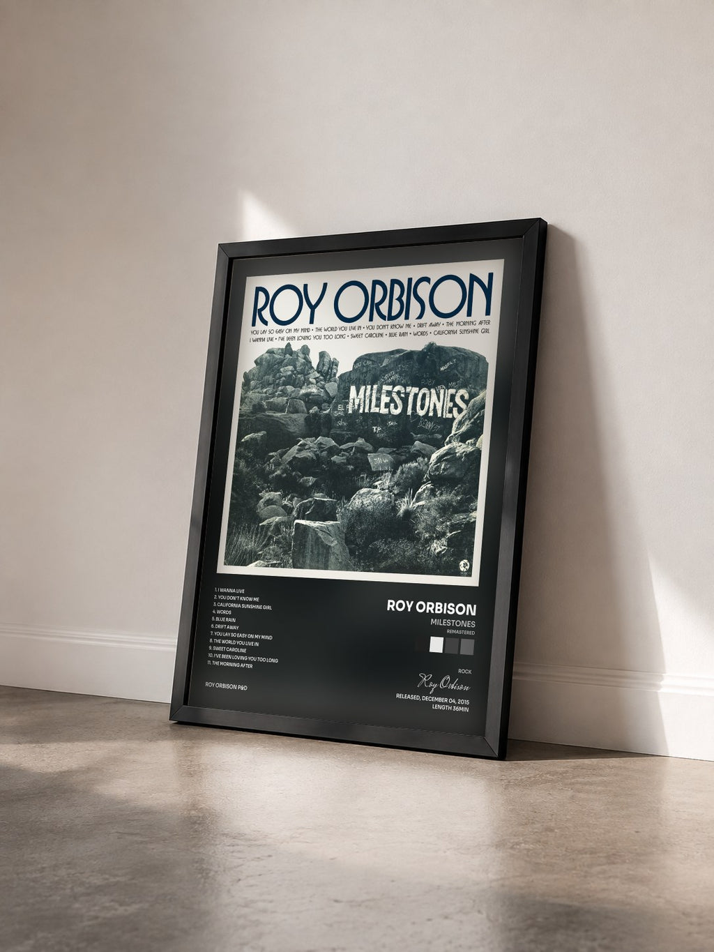 #noir Tableau de l'album Milestones (Remastered) de Roy Orbison vu de trois quarts, cadre noir