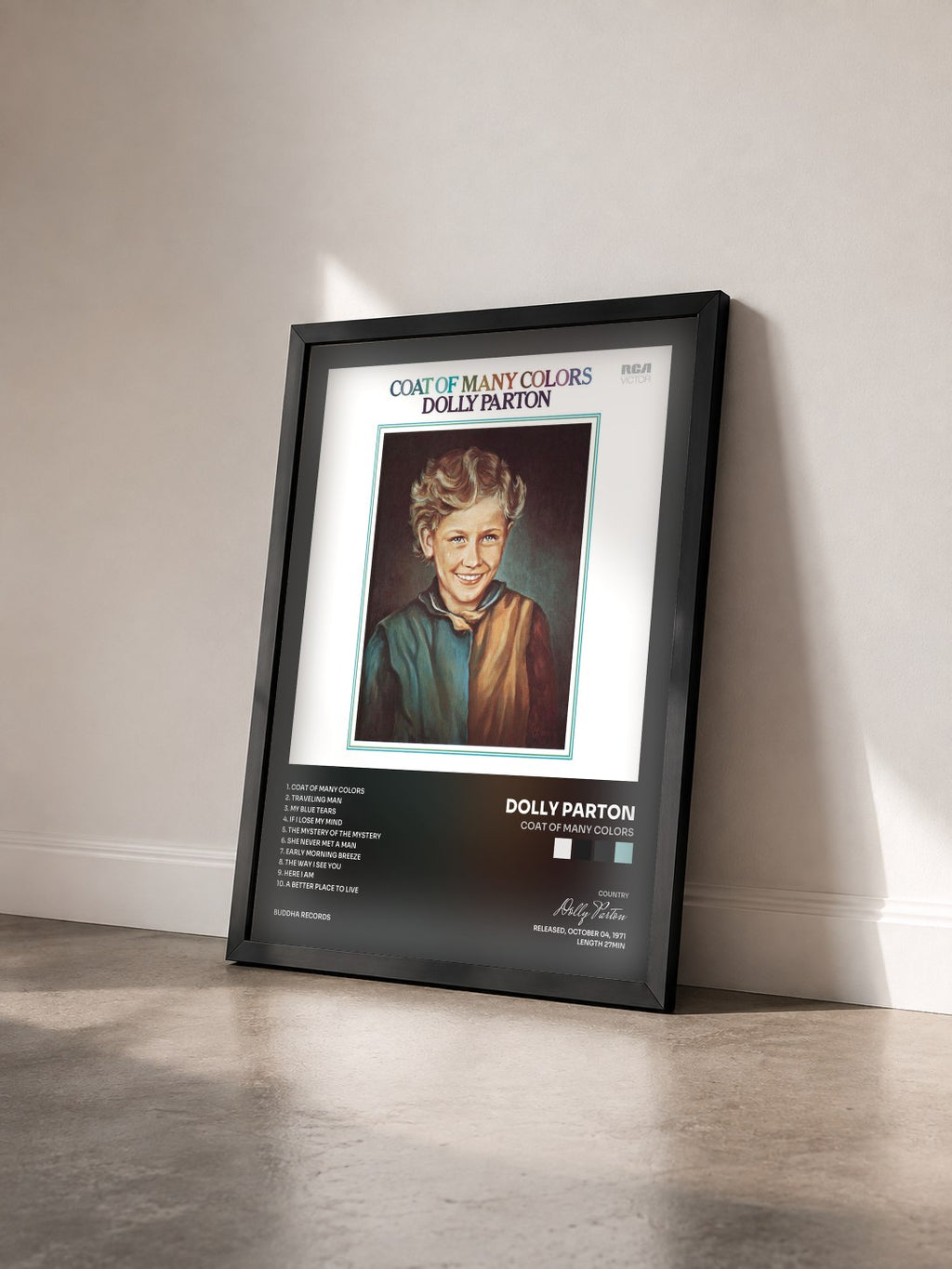 #noir Tableau de l'album Coat Of Many Colors de Dolly Parton vu de trois quarts, cadre noir