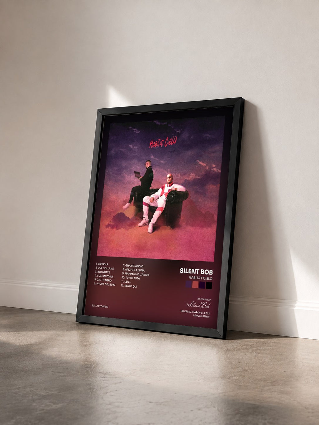 #noir Tableau de l'album Habitat Cielo de Silent Bob vu de trois quarts, cadre noir